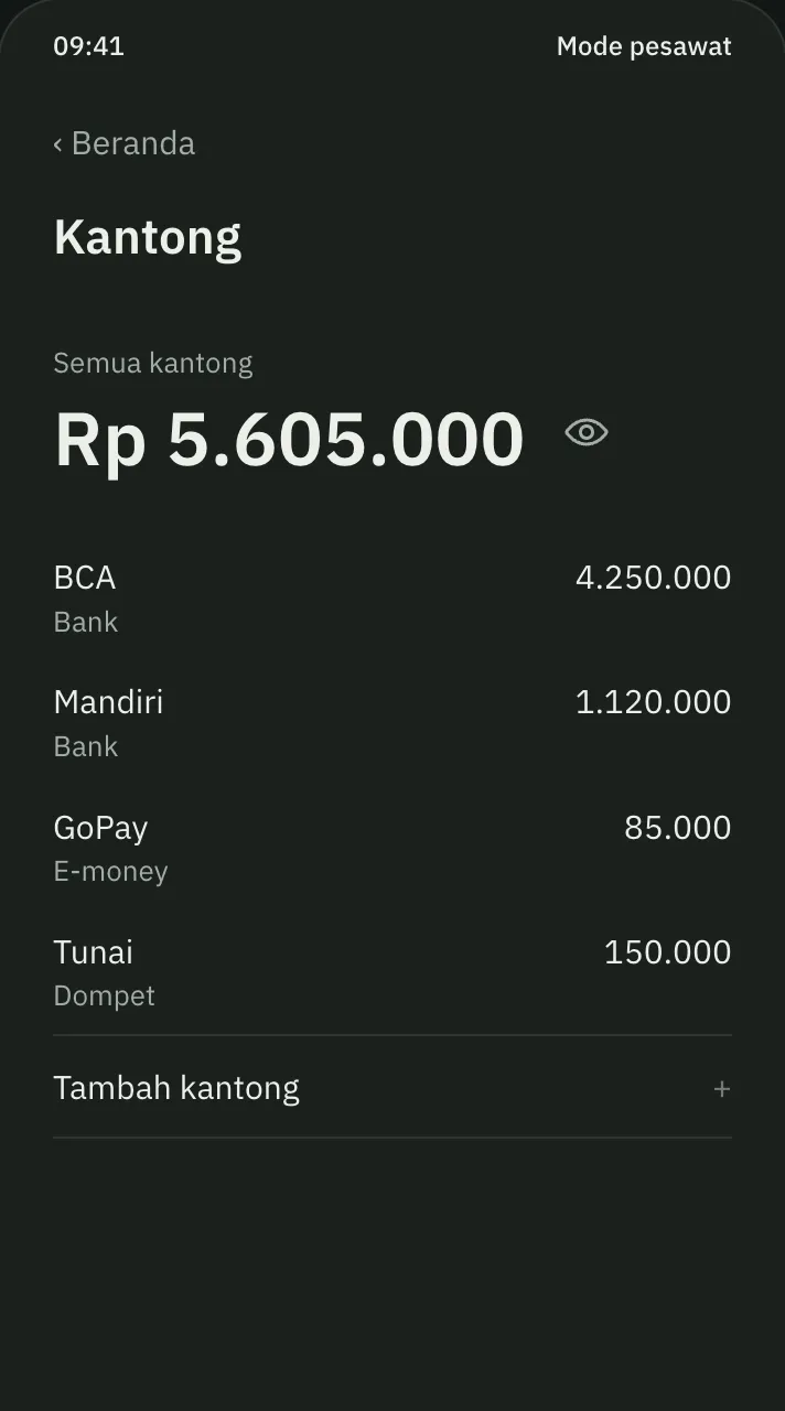 Gemi wallets screen listing bank, e-money and cash balances